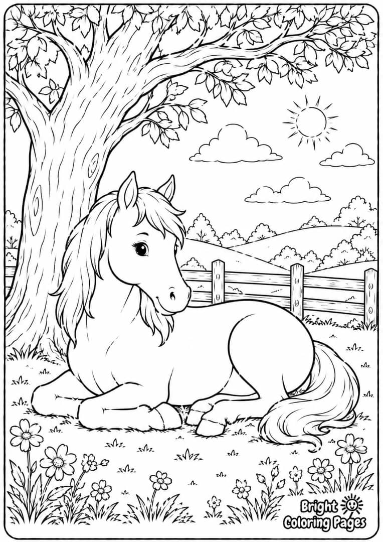 Horse Under a Tree - A calm horse resting in the shade of a large tree.
