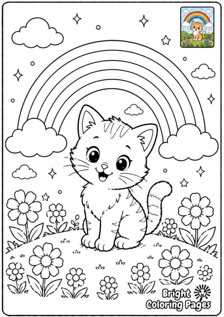 Kitten Under a Rainbow free coloring page 