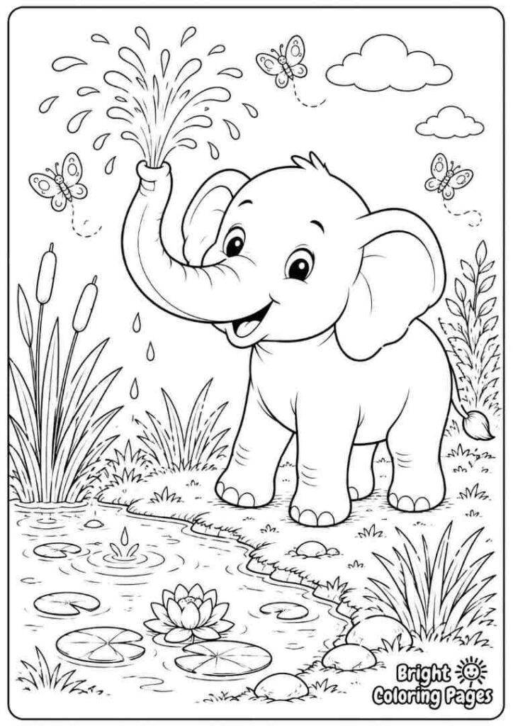 Elephant Spraying Water free coloring page 