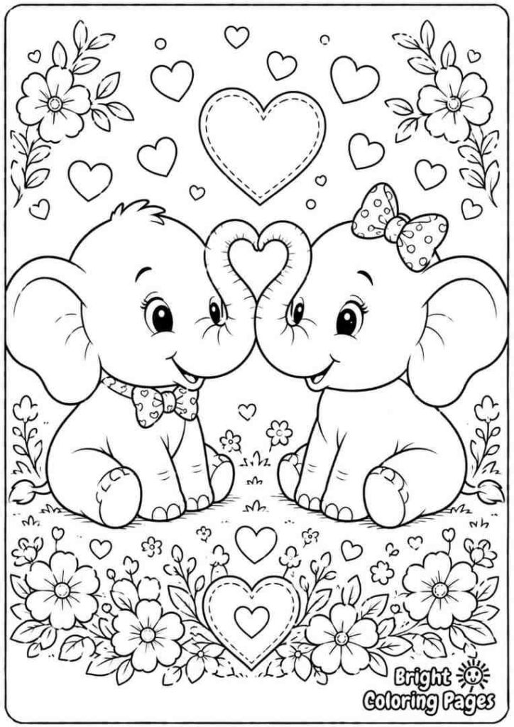 Two adorable elephants touching trunks to form a heart shape, surrounded by hearts and flowers. Free printable coloring page 