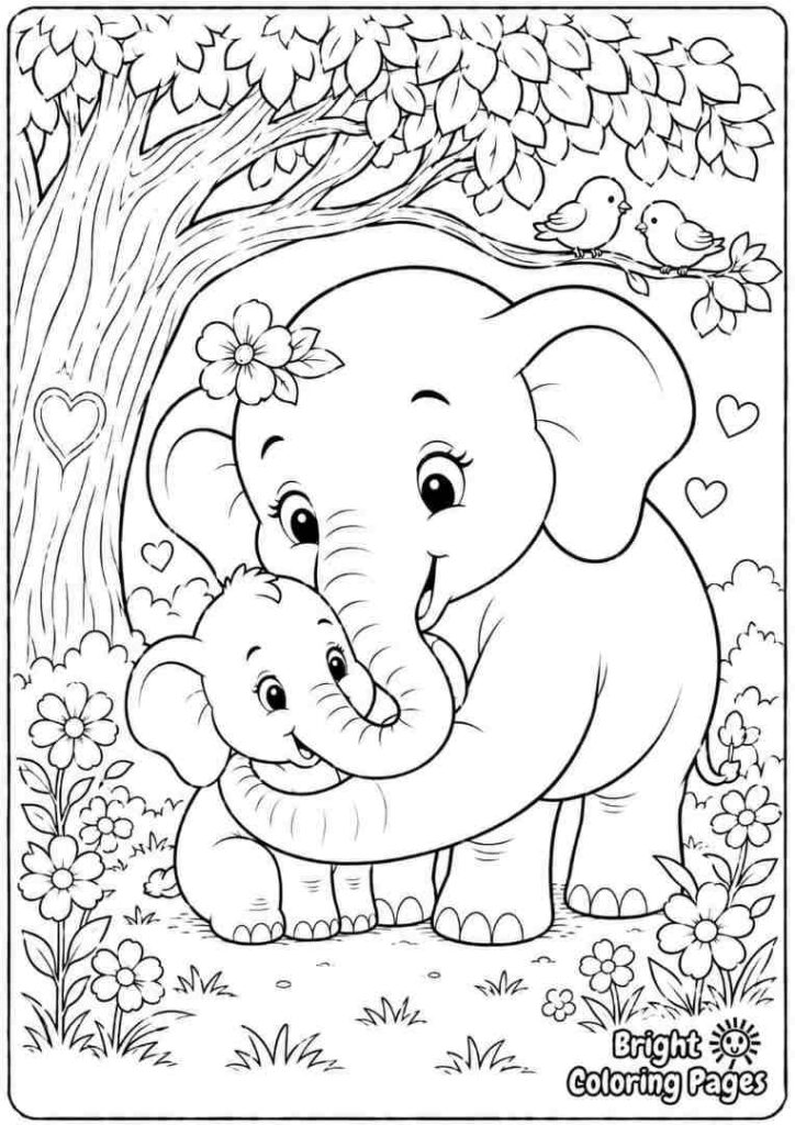 Elephant Mom and Baby Cuddle free printable coloring page