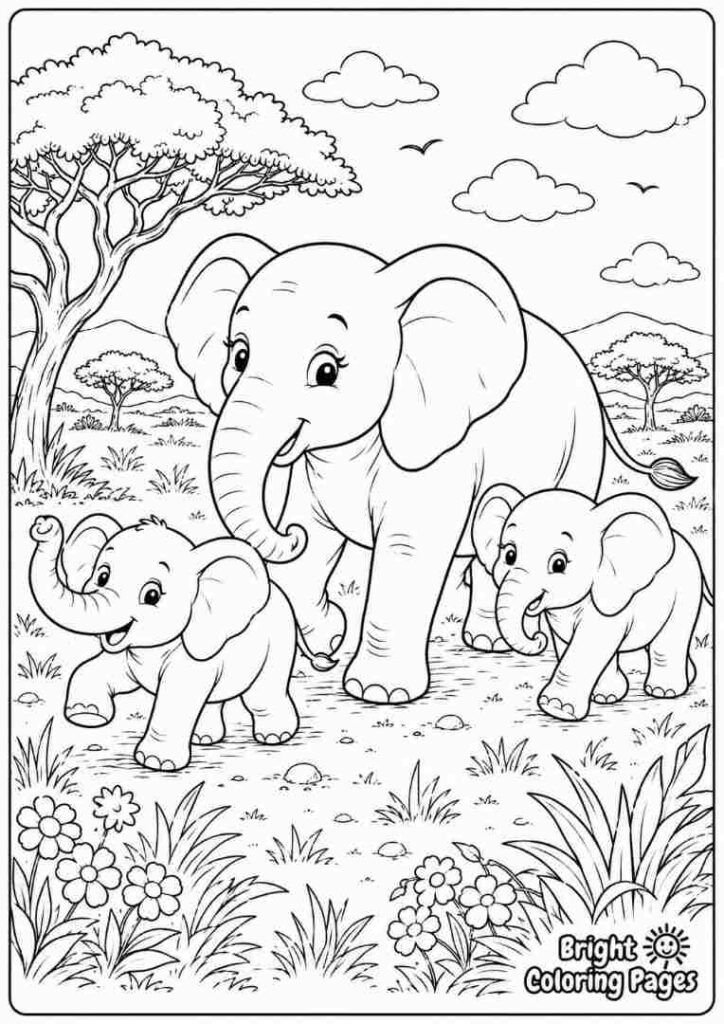 Elephant Family Walk coloring page free