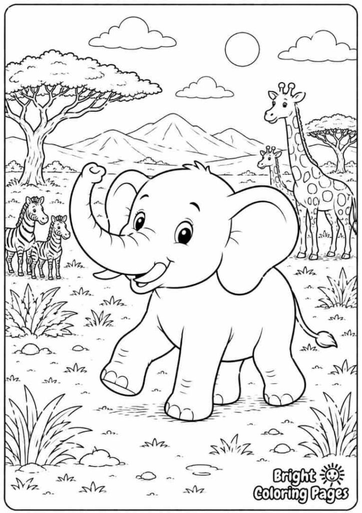 Elephant in the Safari coloring page free