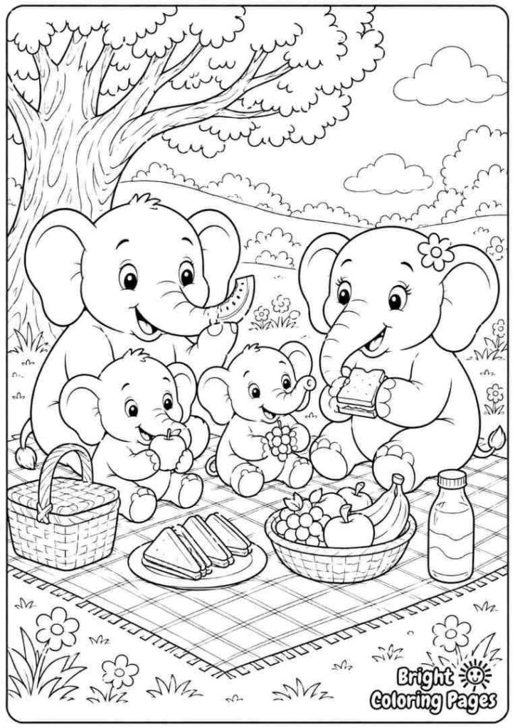 Elephant Picnic Scene Free Coloring Page 