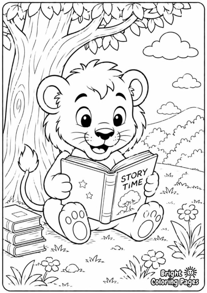 Lion Cub Reading a Book