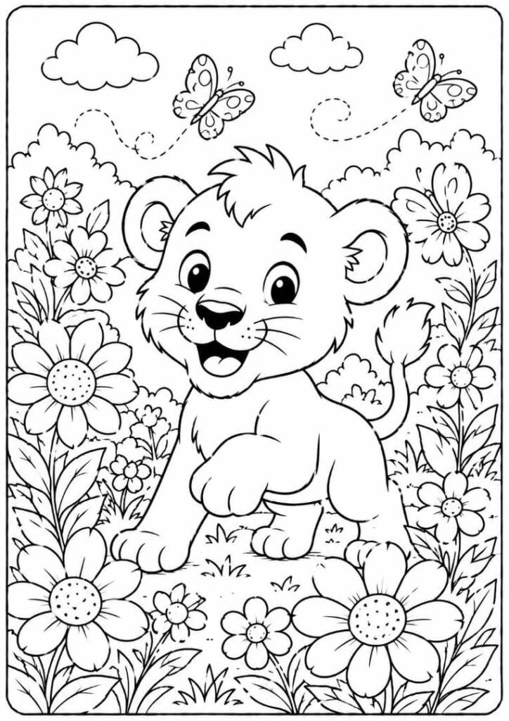 Lion Cub in a Flower Garden