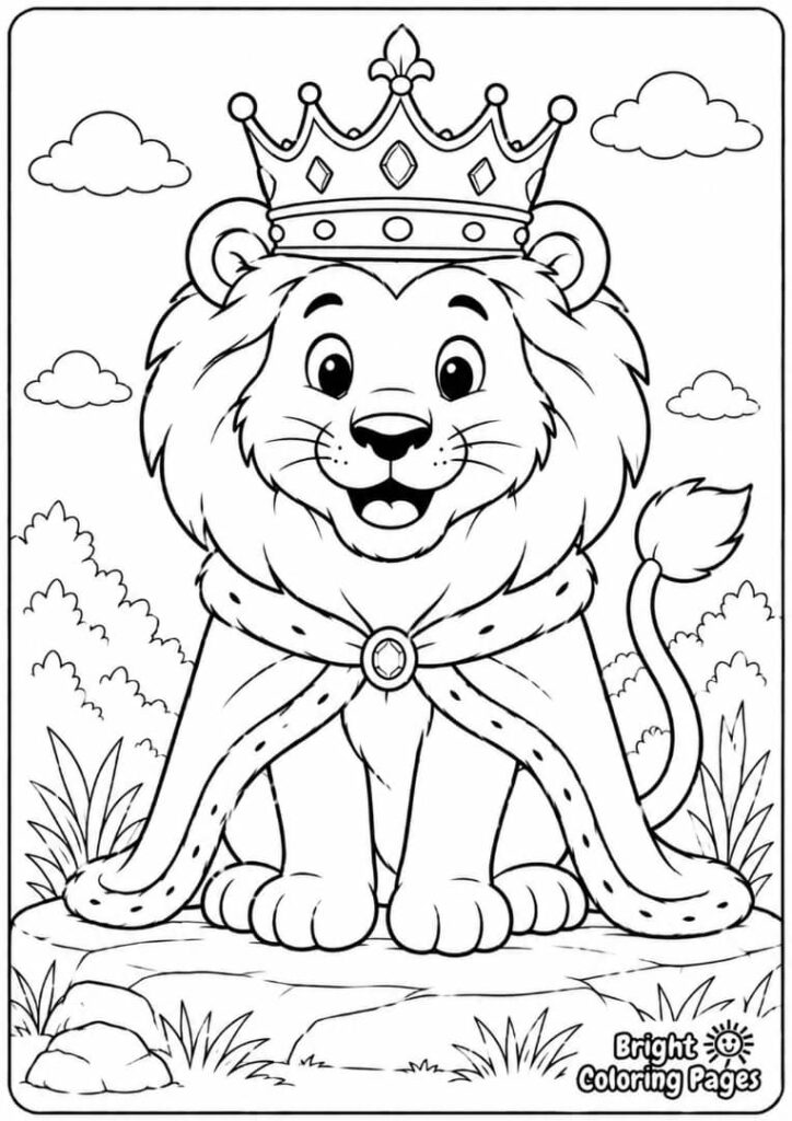 A friendly lion wearing a royal crown and smiling, with a fun king-of-the-jungle feel.