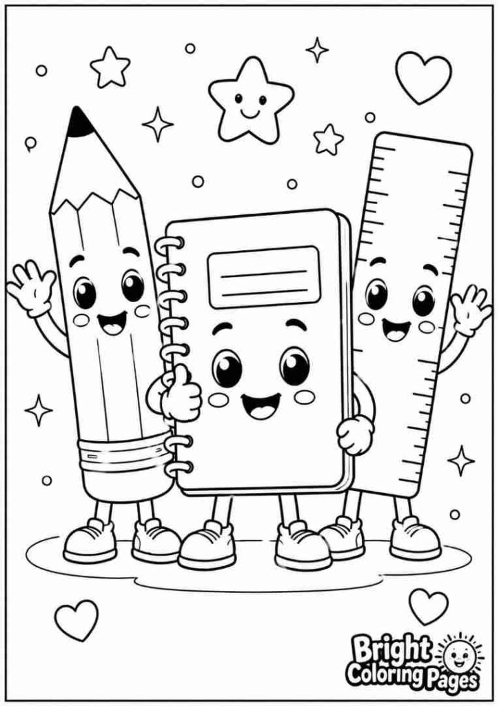 Friendly School Supplies coloring page 