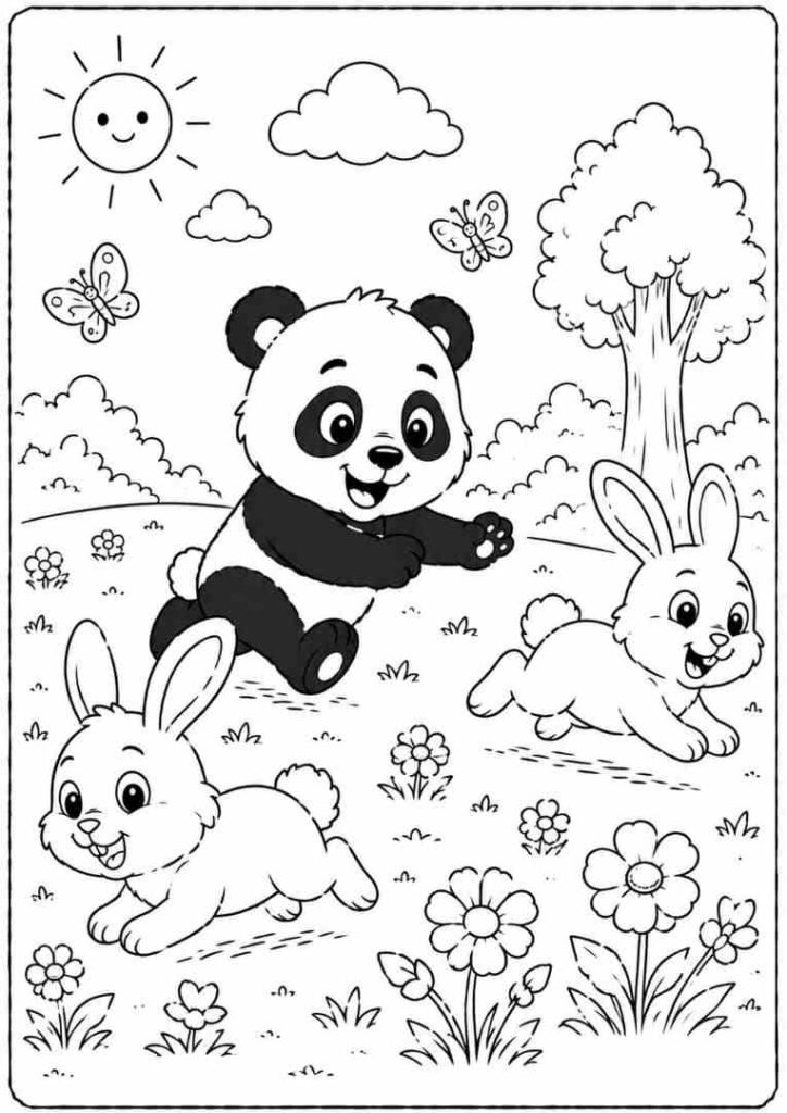 Panda Playing with Friendly Rabbits