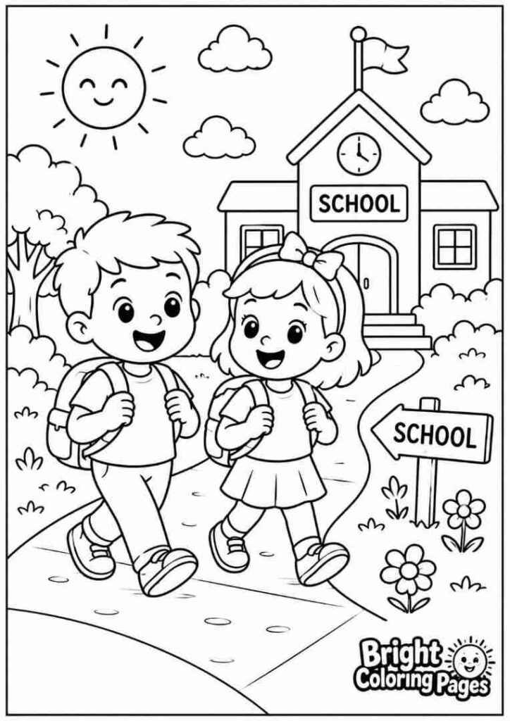 Walking to School free coloring page for kids 