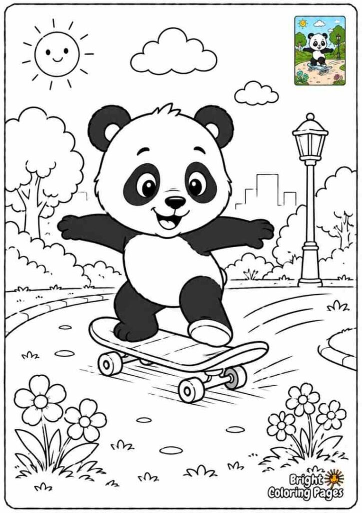 Panda Skateboarding coloring page for kids 