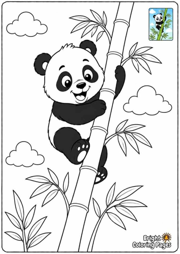 Panda Climbing a Bamboo Tree free coloring page for kids
