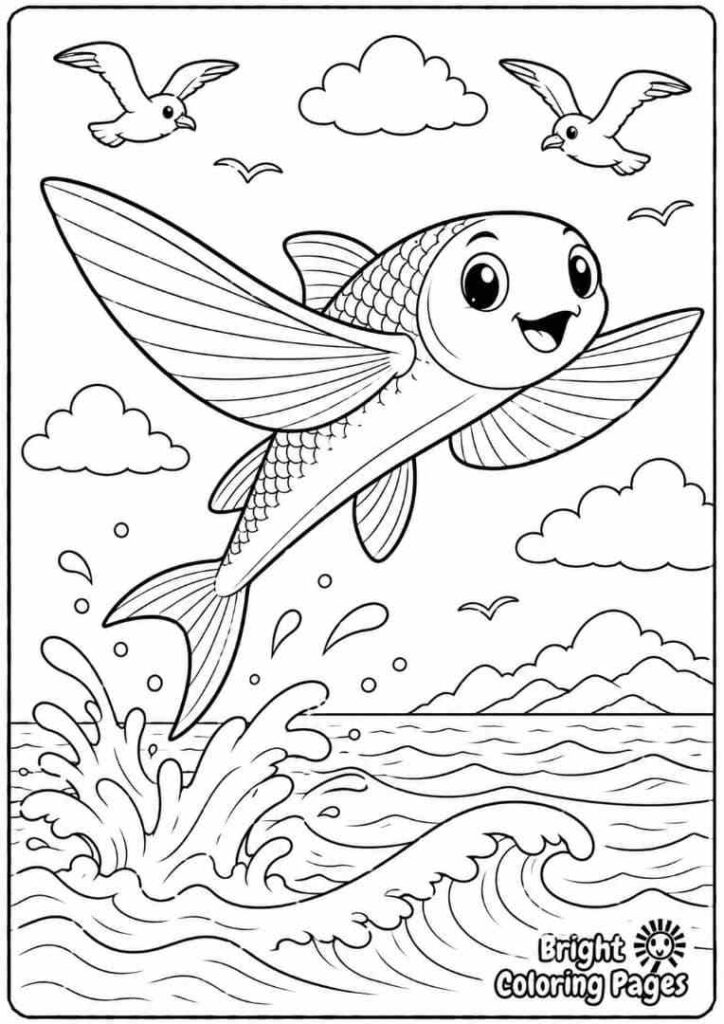 Flying Fish Jump free coloring page for kids