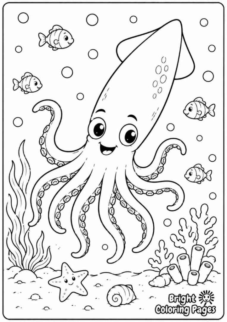 Squid Underwater coloring page