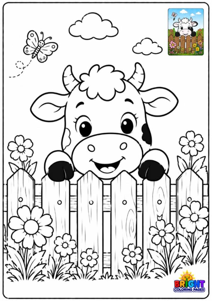 Cow Peeking Over a Fence free coloring page 