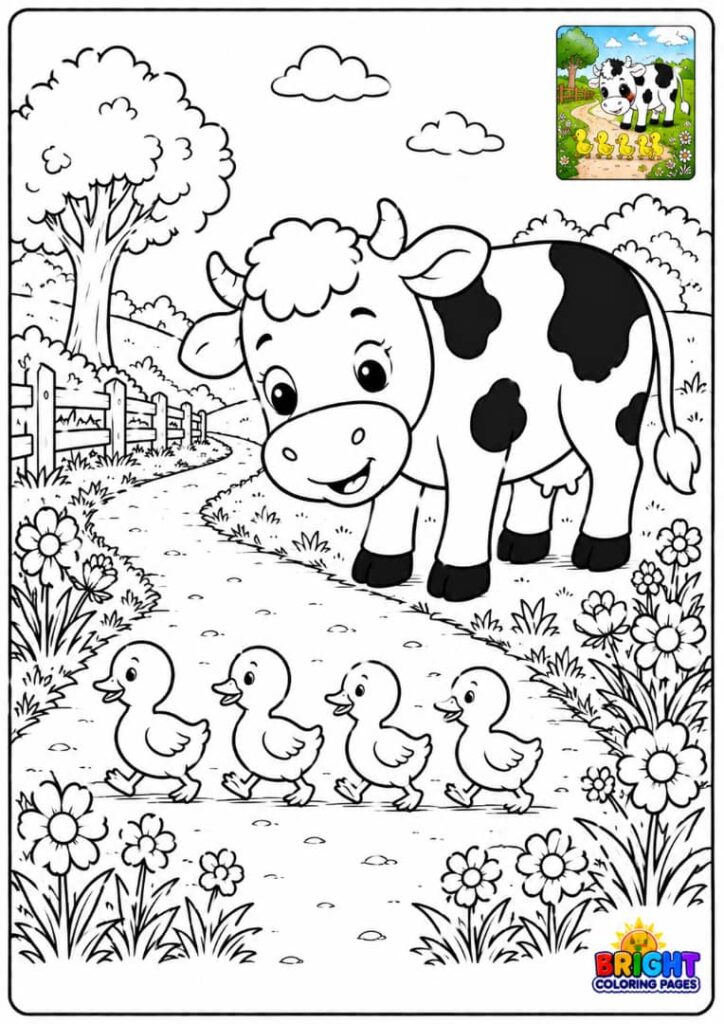 Cow and Ducklings Crossing the Path free coloring page for kids 