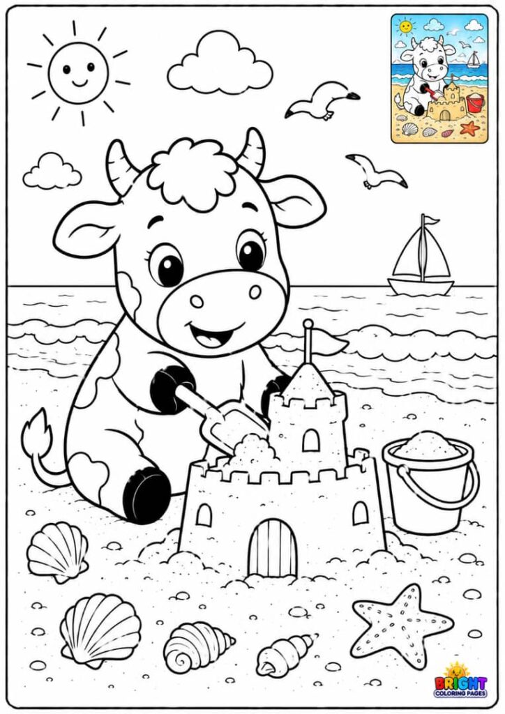 Cow Building a Sandcastle Free download coloring page 