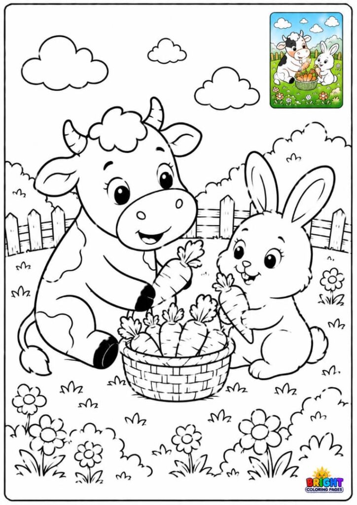 Cow and Bunny Sharing Carrots free printable coloring page
