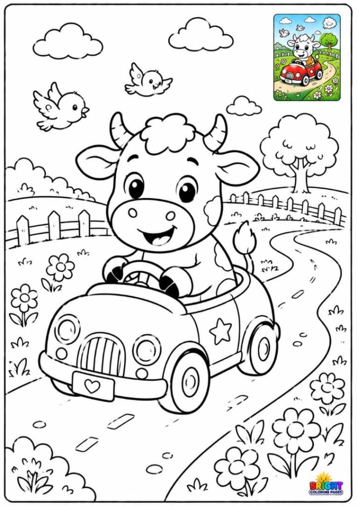 Cow in a Tiny Toy Car coloring page for kids 