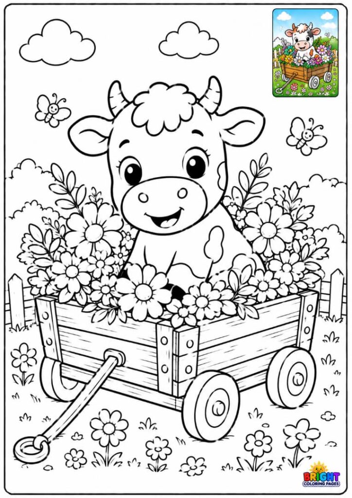 Cow Sitting in a Wagon of Flowers
