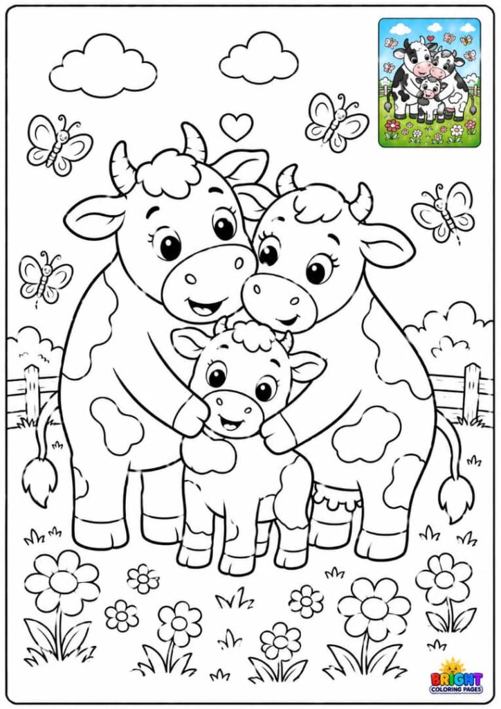 Free Printable Cow Family Hug coloring page 