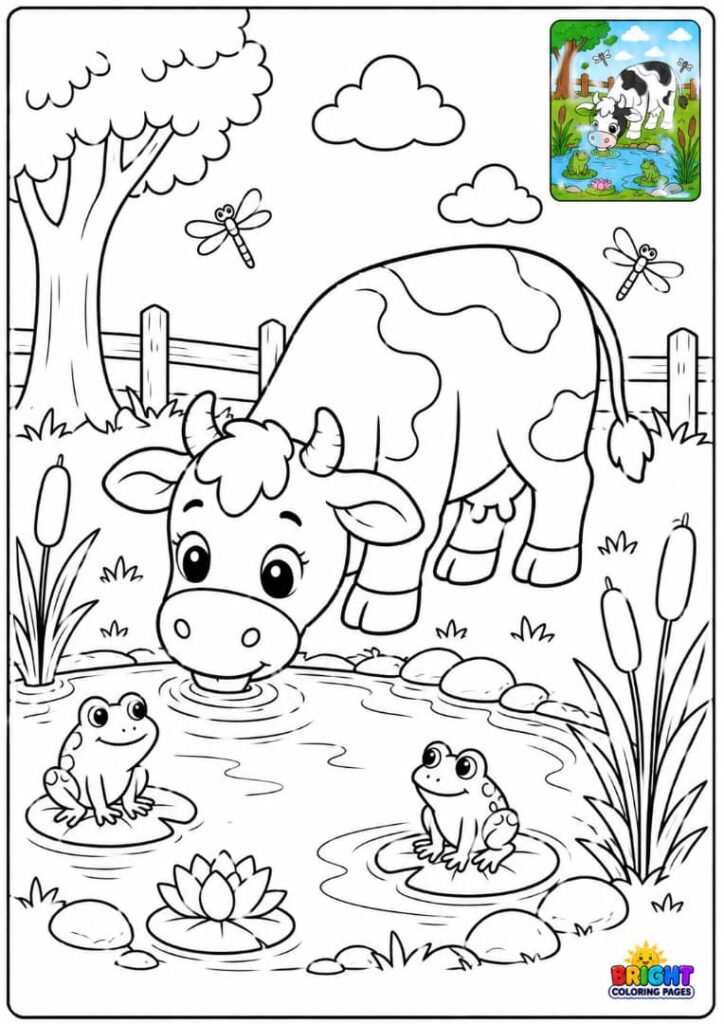 Cow at the Pond free printable coloring pages for kids 