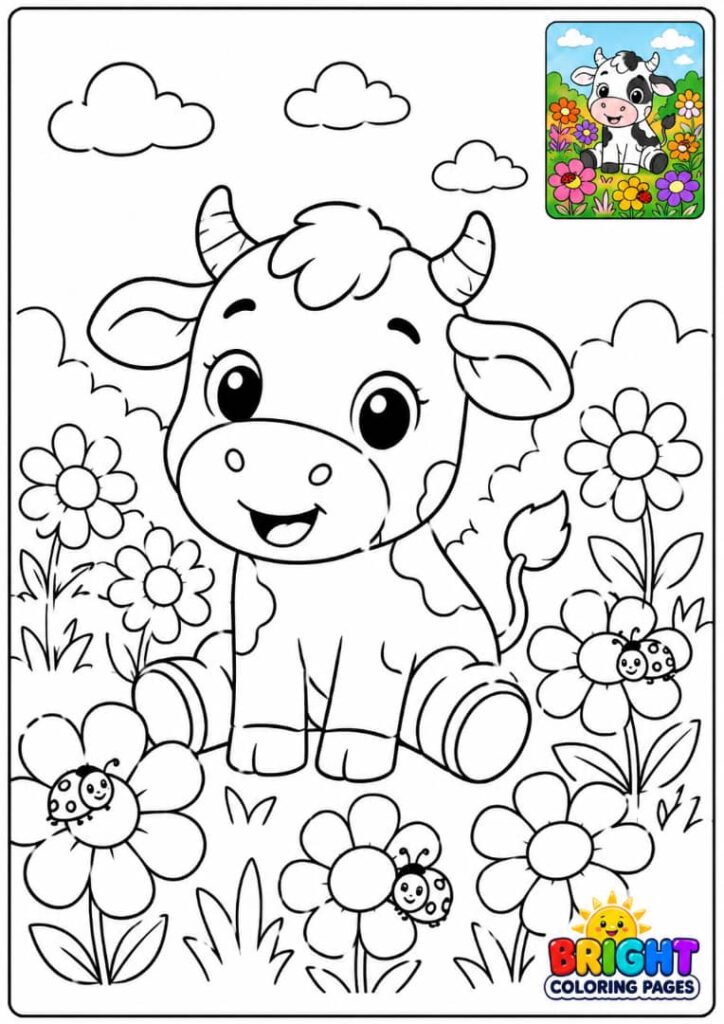 Cow Sitting in a Flower Field coloring page for kids 