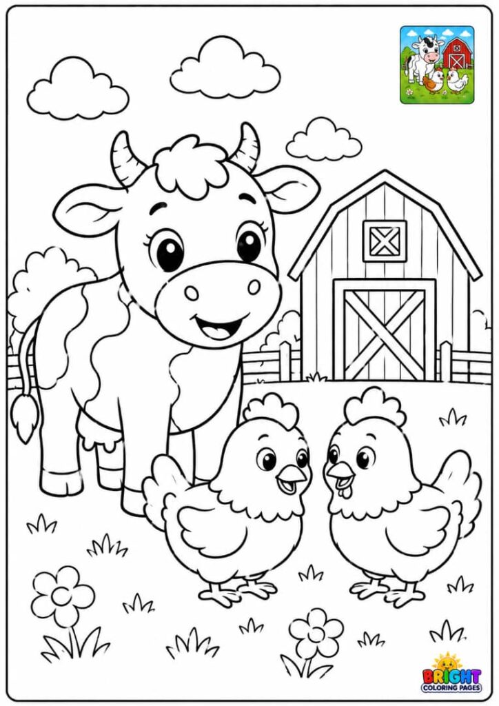 Cow and Friendly Chickens Coloring Pages Free Printable PDF 