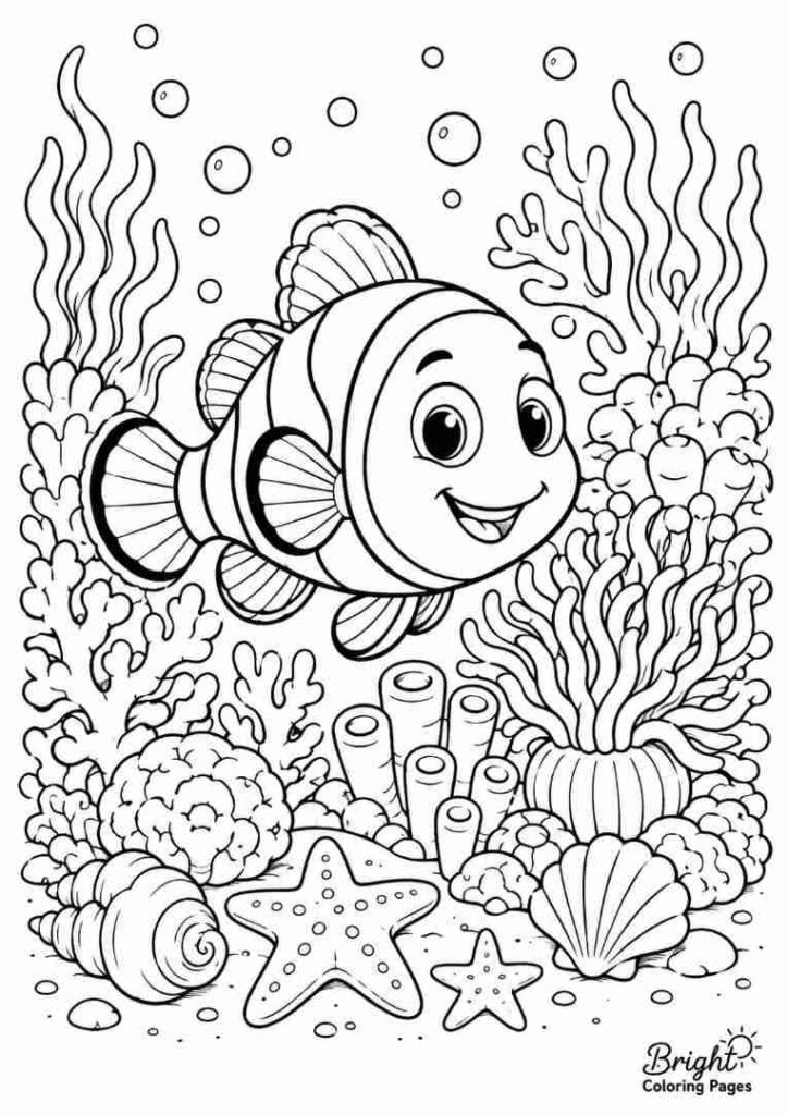 Clownfish in a Coral Reef coloring page 