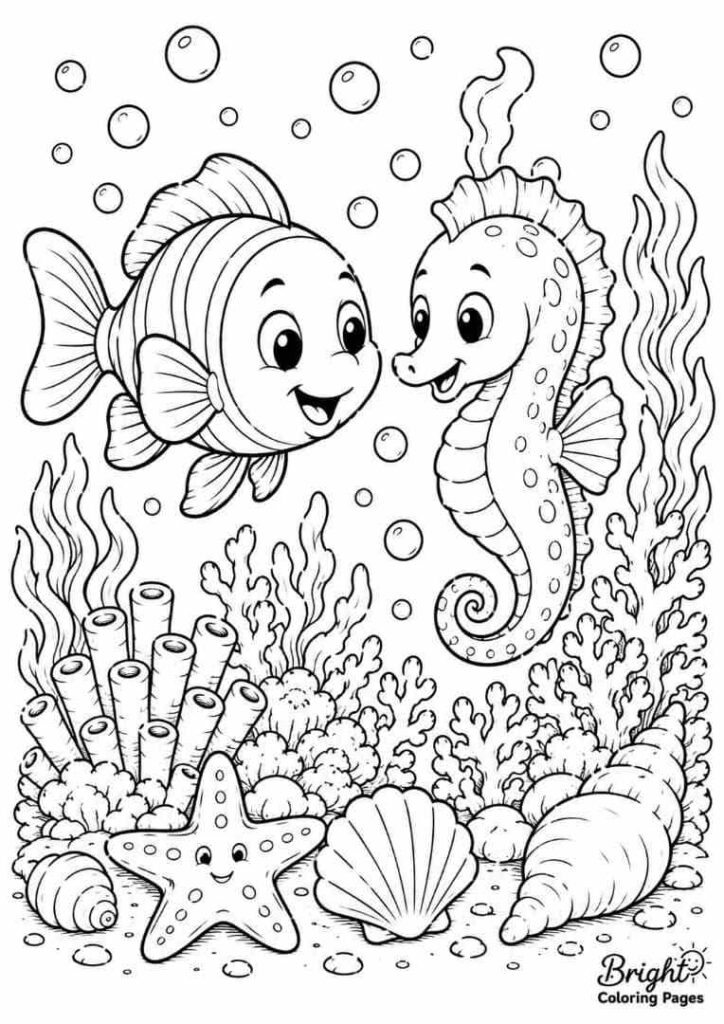 Fish and Seahorse coloring page for kids 
