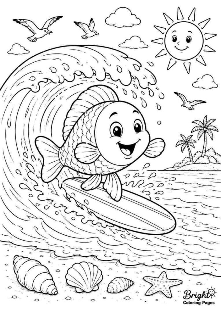 Surfing Fish free coloring page for kids 