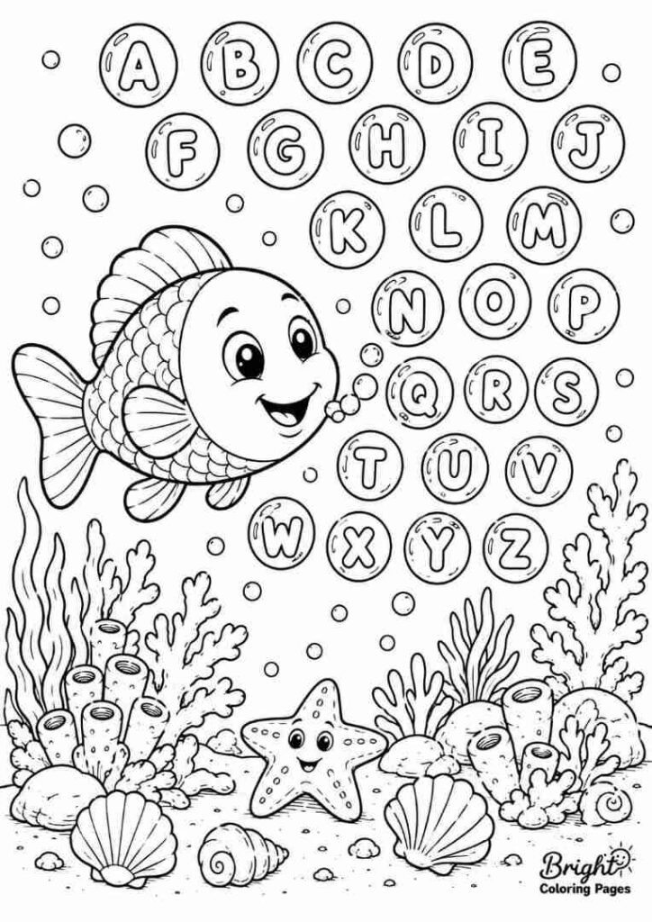 Alphabet Bubble Fish free coloring page for kids 