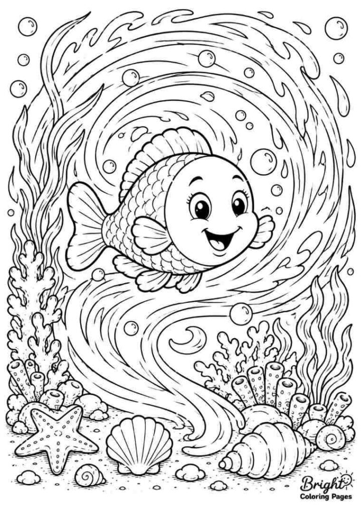 Fish in a Swirling Ocean Current coloring page for preschool kids 