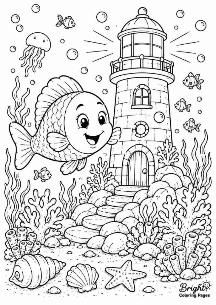 Fish Near an Underwater Lighthouse free printable coloring pages for kids 