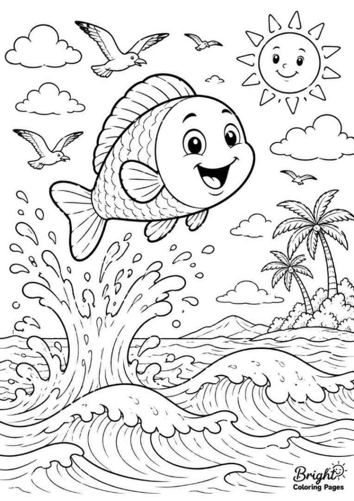 Fish Jumping Over Ocean Waves coloring page 