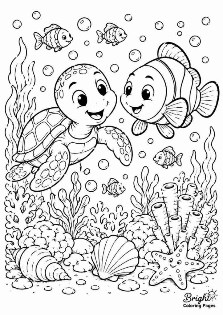 Fish and Turtle Friends coloring pages