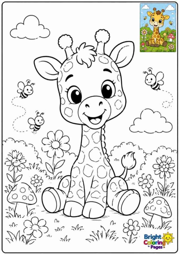 Baby Giraffe Sitting free coloring page for kids