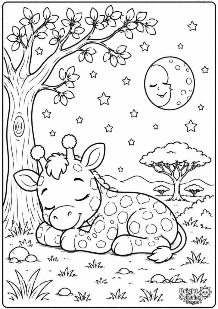 Sleeping Baby Giraffe Coloring Page for kids