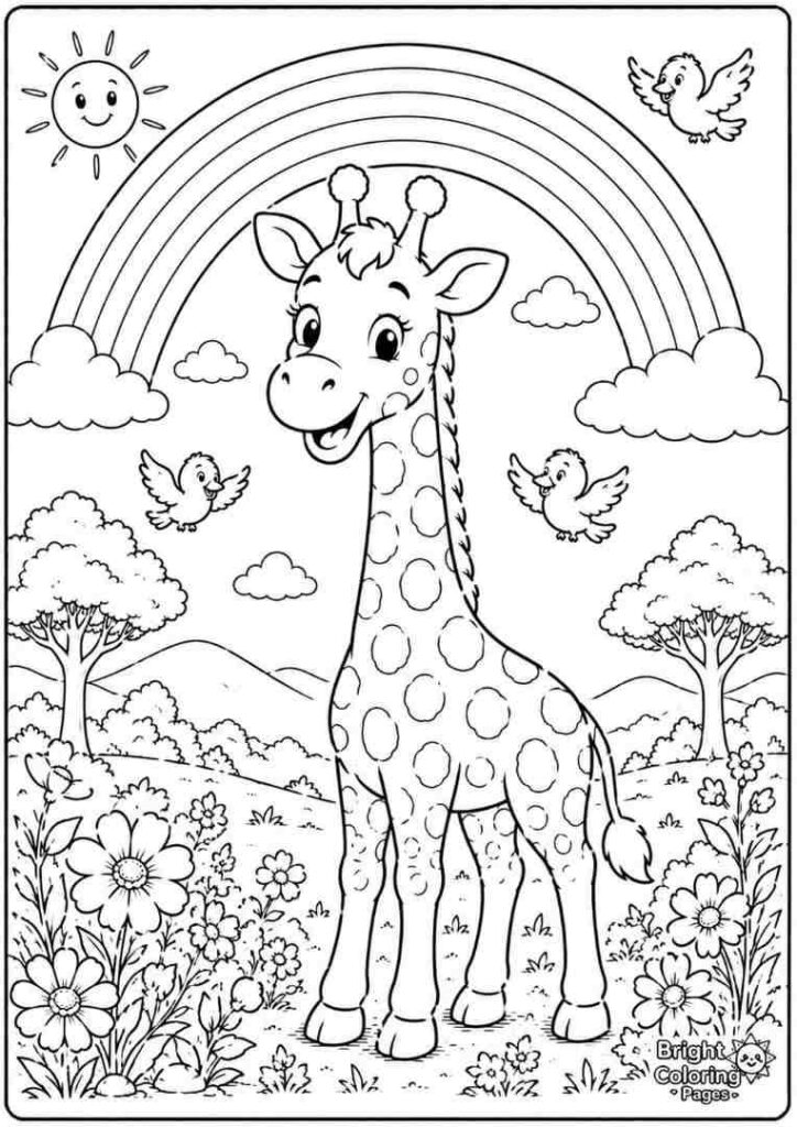 Giraffe Under rainbow free coloring page for preschool kids 
