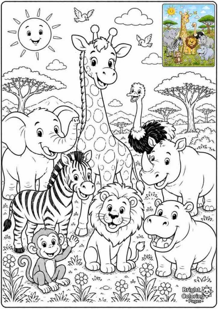 Safari Animal Gathering free printable coloring page