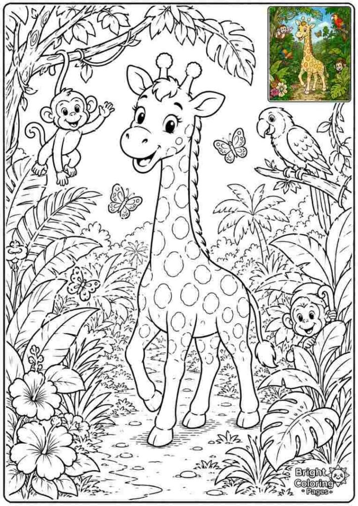 Giraffe Exploring the Jungle free printable coloring pages 