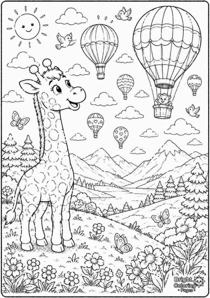 Giraffe Watching Balloons coloring page for kids 