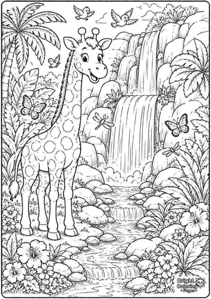 Giraffe Visiting a Waterfall