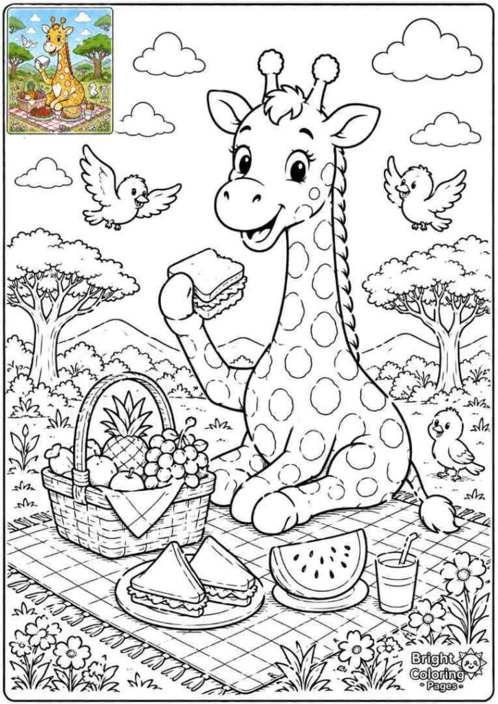 Giraffe Picnic Free coloring page for kids 