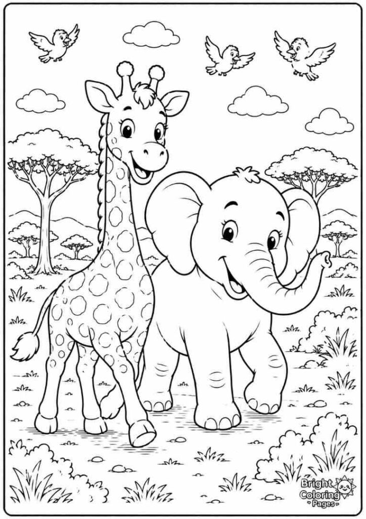 Giraffe and Elephant Friends free coloring page for preschool kids 