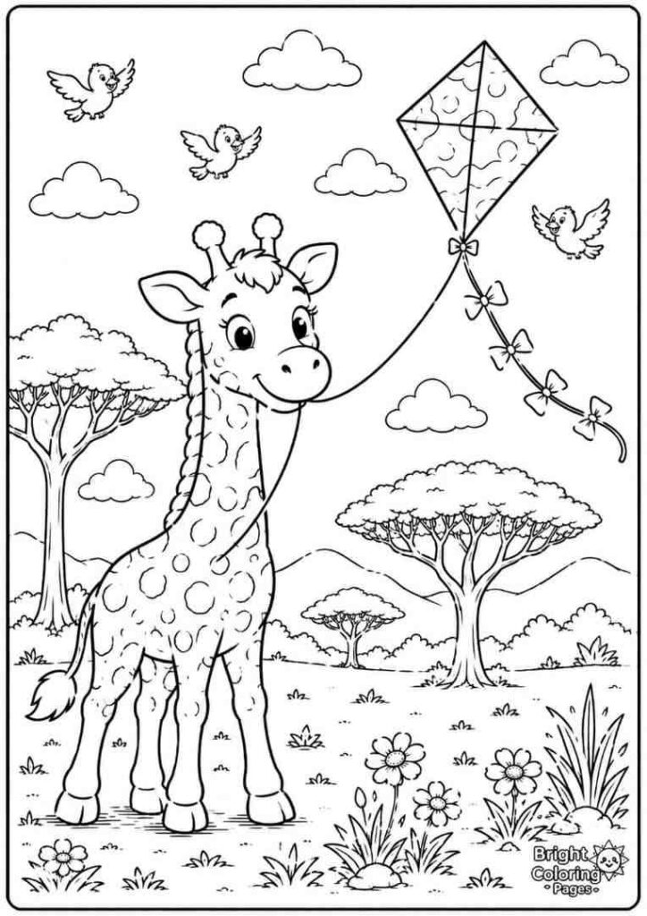 Giraffe Flying kite coloring page for kids 