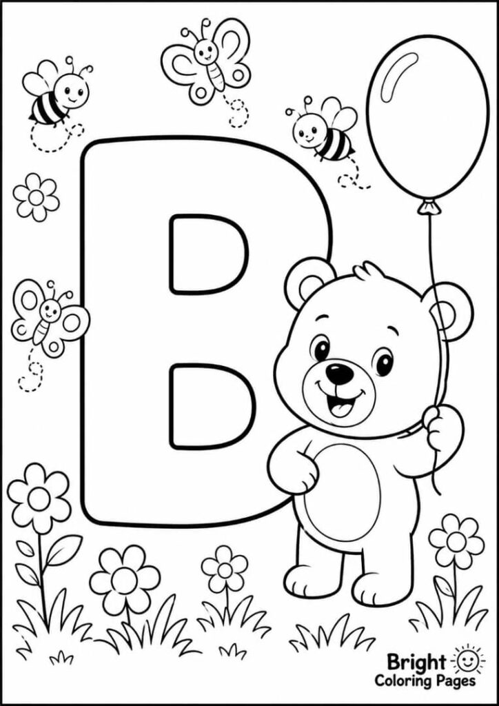 B is for Bear Coloring Page for preschool kids 