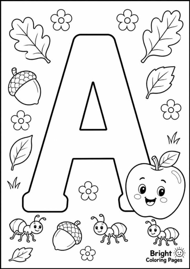  A is for Apple coloring page for kids 