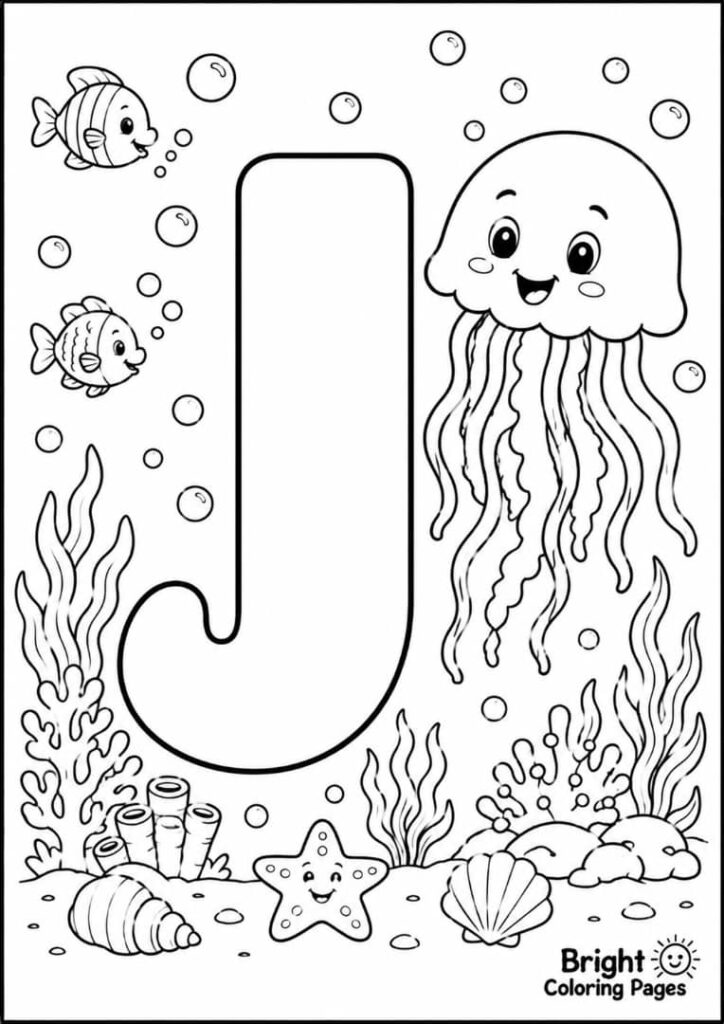 J is for Jellyfish coloring page for kids 