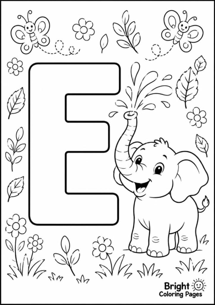 E is for Elephant Coloring Page